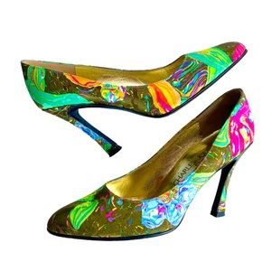 CHARLES JOURDAN PARIS FRANCE 1990s VINTAGE SILK FLORAL HIGH HEELS STUNNING